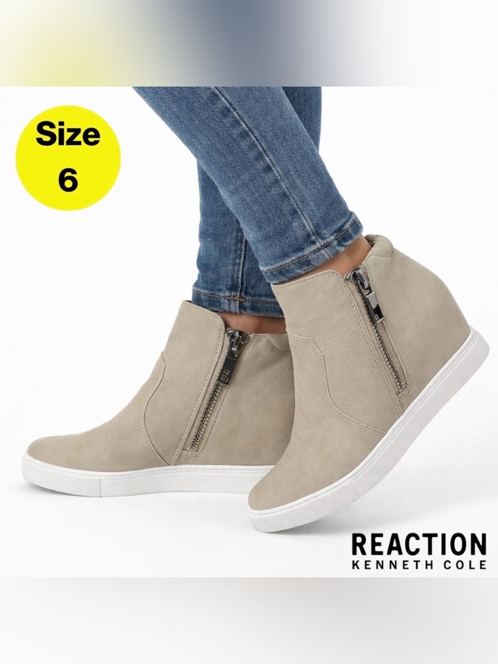 KENNETH COLE 🤍 Leather Beige Wedge Zipper Sneakers (Women’s Size 6)